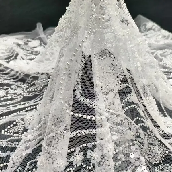 White Beaded Embroidery Lace Fabric Luxury White Bridal Wedding Dress Sequence Beaded Embroidery Lace Fabric White Beaded Embroidery Lace Fabric Luxury White Bridal Wedding Dress Sequence Beaded Embroidery Lace Fabric