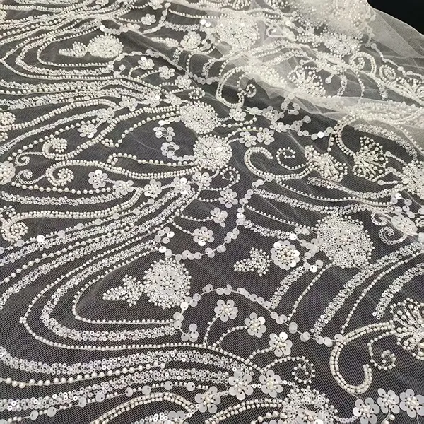 White Beaded Embroidery Lace Fabric Luxury White Bridal Wedding Dress Sequence Beaded Embroidery Lace Fabric White Beaded Embroidery Lace Fabric Luxury White Bridal Wedding Dress Sequence Beaded Embroidery Lace Fabric