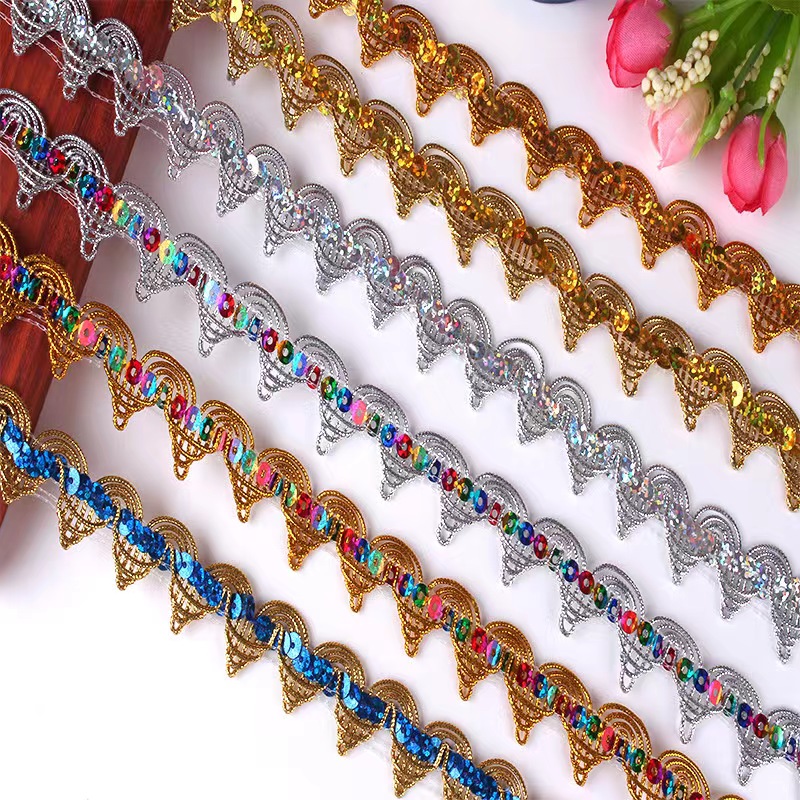 Clothing Accessories Gold and Silver Metallic Border Lace Trim Metallic Gold Sequins Embroidery Tatting Lace Trim