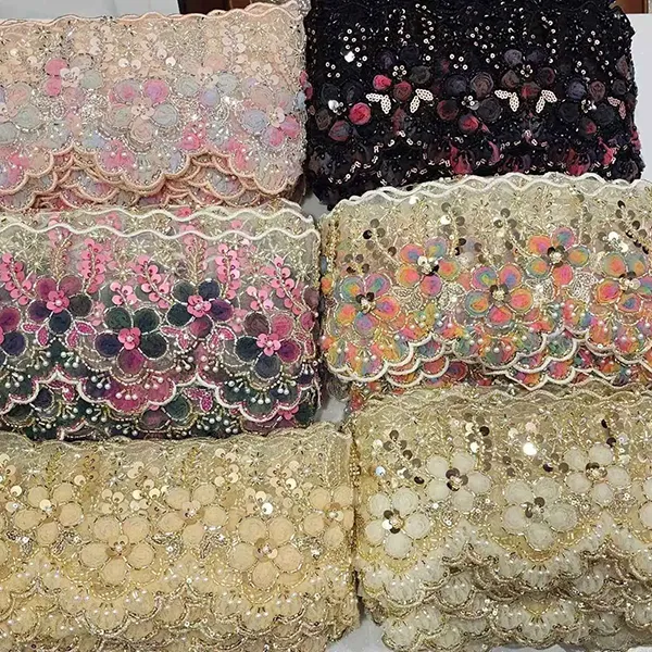 3D 메시 꽃 리본에 의하여 구슬로 만드는 관 바코드 자수 레이스를 가진 다색 수를 놓은 레이스